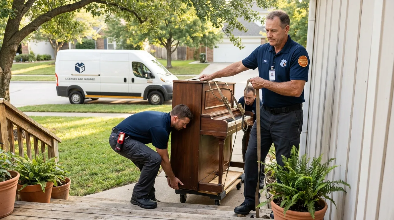 Licensed piano movers securing grand piano in Chelsea, MI