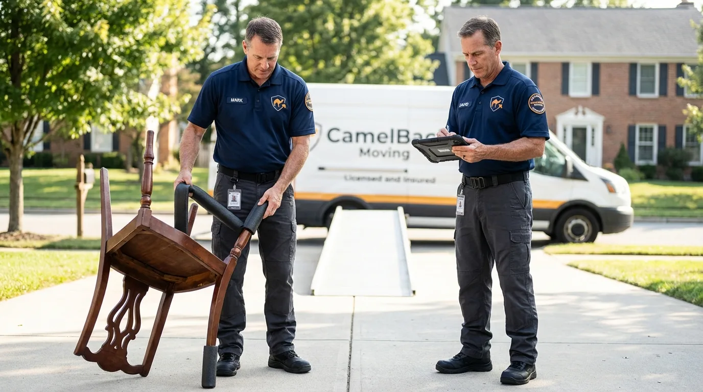Movers inspecting furniture for damage prevention before loading in Chelsea, MI