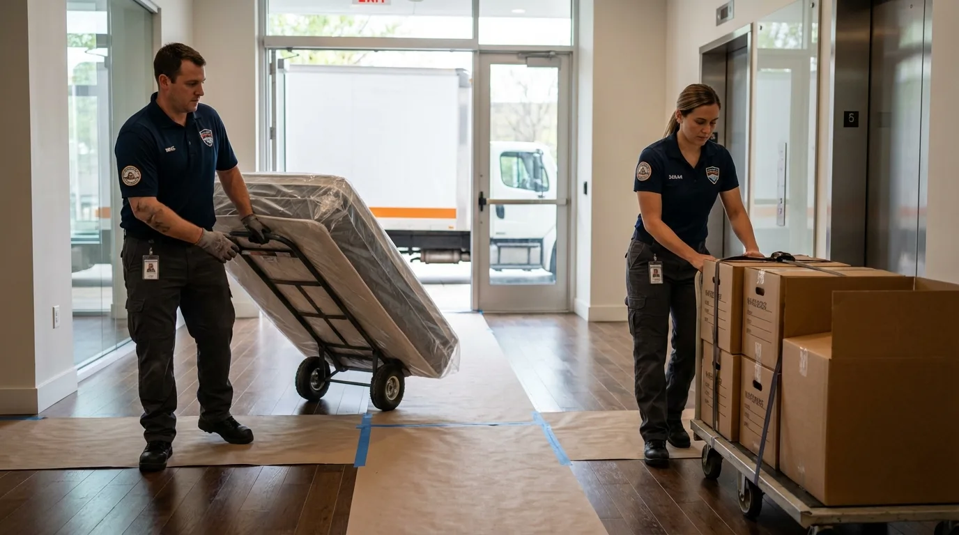 Professional apartment movers loading elevator in Chelsea, MI