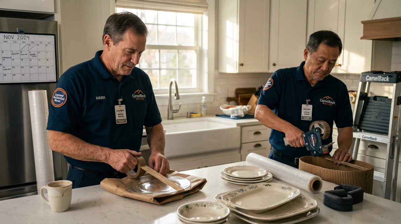 Professional crew packing kitchen dishware in Chelsea, MI